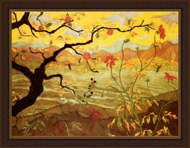 Framed Unknown Artist apple tree with red fruit painting