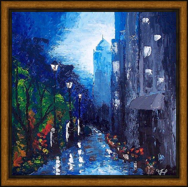 Framed Unknown Artist blue rain painting
