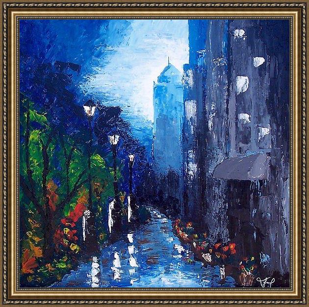 Framed Unknown Artist blue rain painting