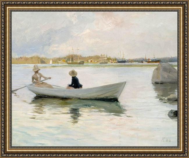 Framed Unknown Artist boats in harbour by albert edelfelt painting