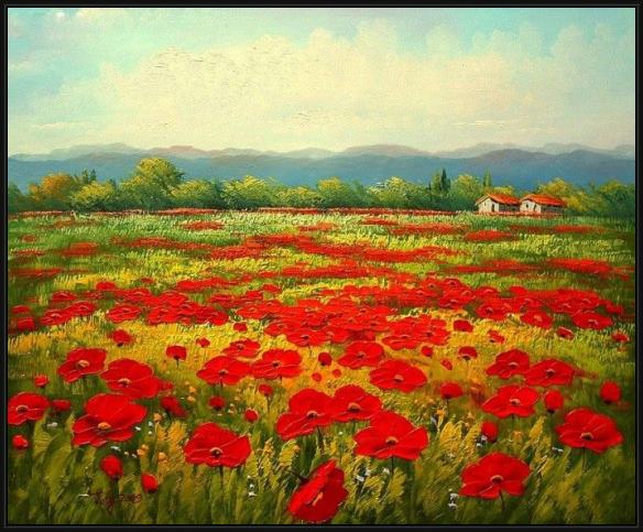 Framed Unknown Artist poppy field painting