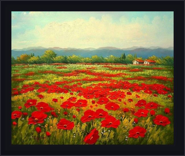 Framed Unknown Artist poppy field painting