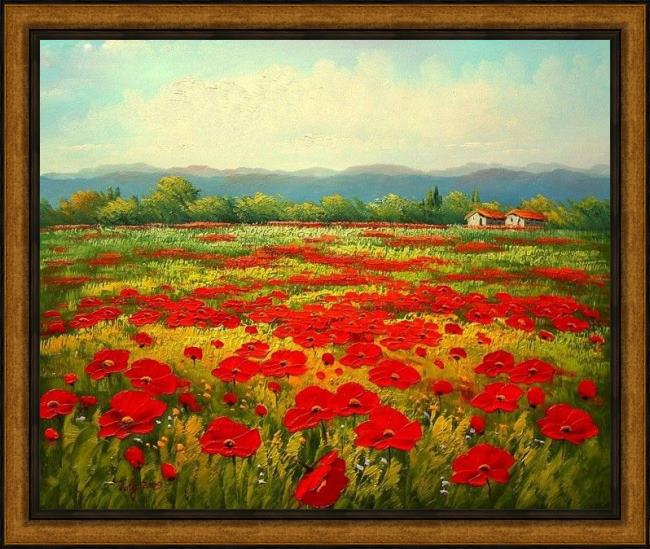 Framed Unknown Artist poppy field painting