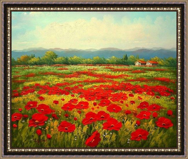 Framed Unknown Artist poppy field painting