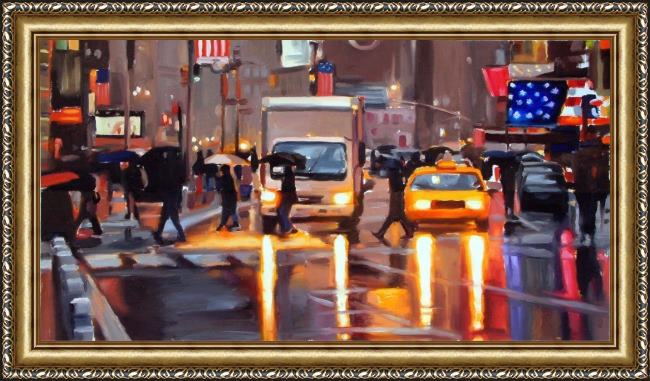 Framed Unknown Artist times square stars and stripes by by liam spencer painting