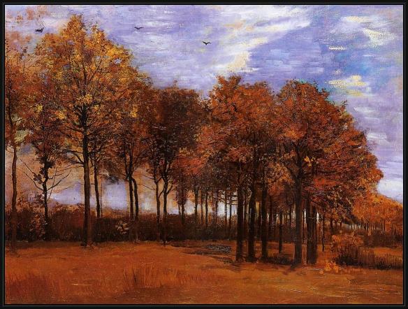 Framed Vincent van Gogh autumn landscape painting