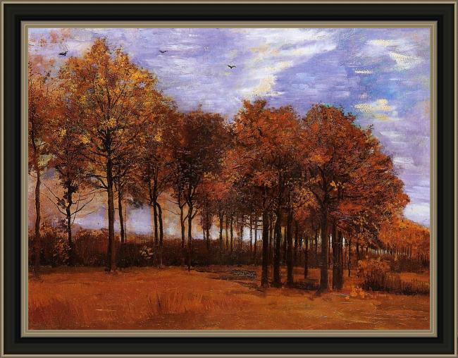 Framed Vincent van Gogh autumn landscape painting