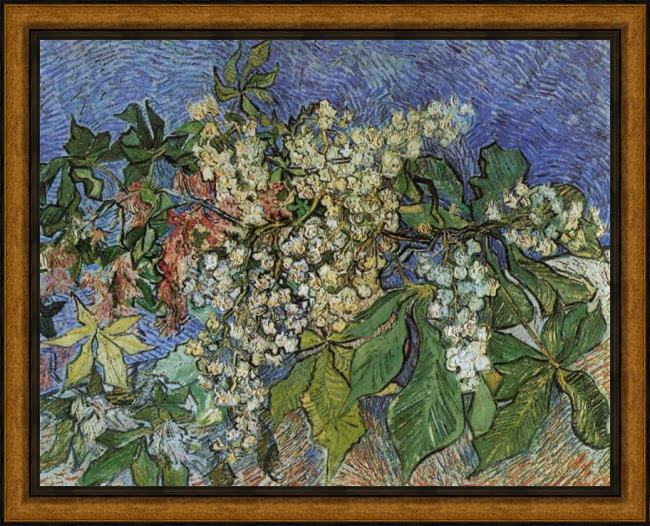 Framed Vincent van Gogh blossoming chestnut branches painting