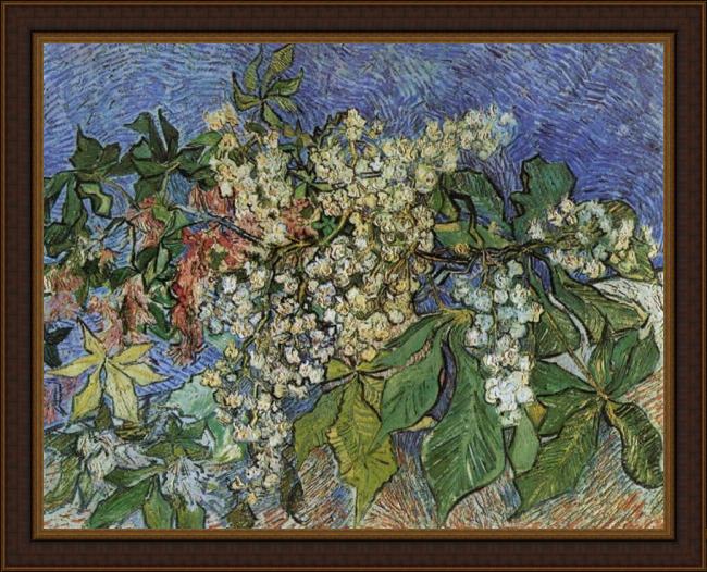 Framed Vincent van Gogh blossoming chestnut branches painting