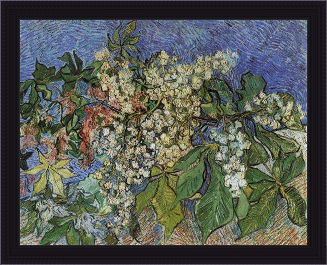 Framed Vincent van Gogh blossoming chestnut branches painting