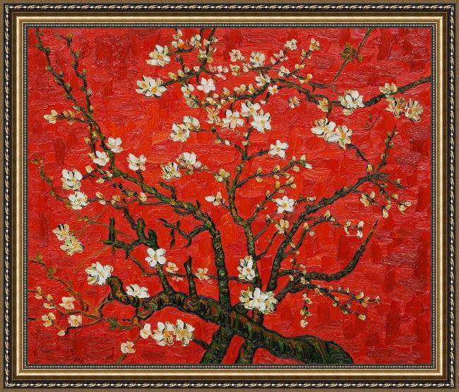Framed Vincent van Gogh branches of an almond tree in blossom in red painting