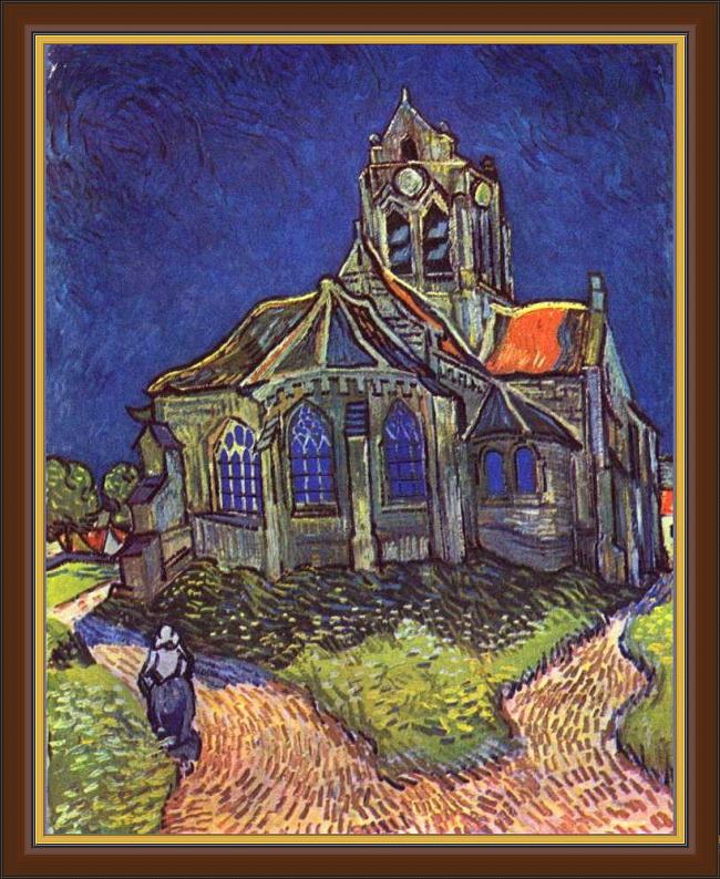 Framed Vincent van Gogh church of auvers painting