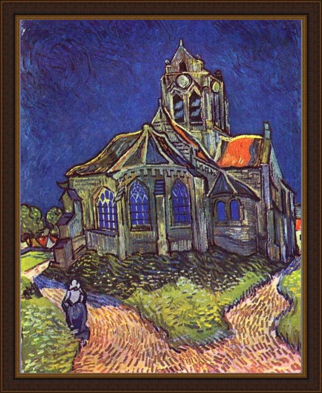 Framed Vincent van Gogh church of auvers painting