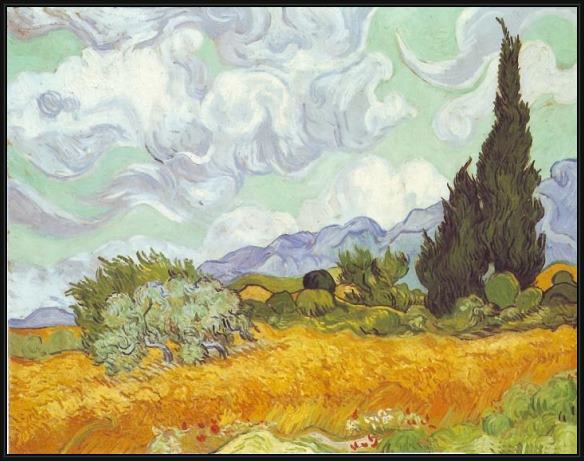 Framed Vincent van Gogh cornfield with cypresses painting