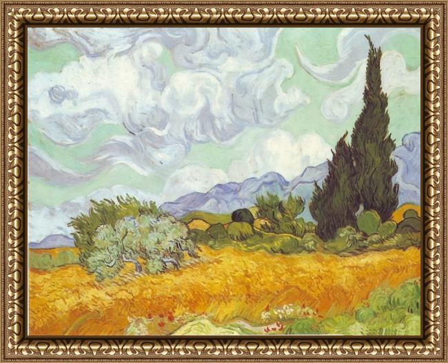 Framed Vincent van Gogh cornfield with cypresses painting
