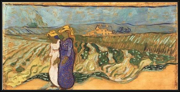 Framed Vincent van Gogh deux femmes traversant un champ 1890 painting
