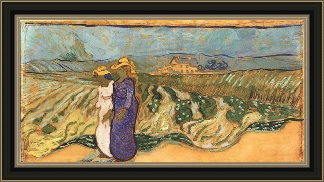 Framed Vincent van Gogh deux femmes traversant un champ 1890 painting