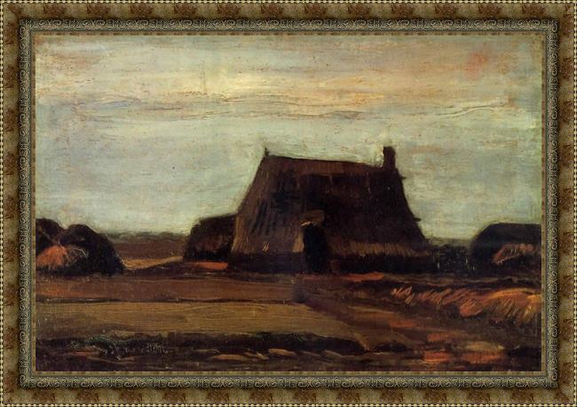 Framed Vincent van Gogh farmhouse with peat stacks painting