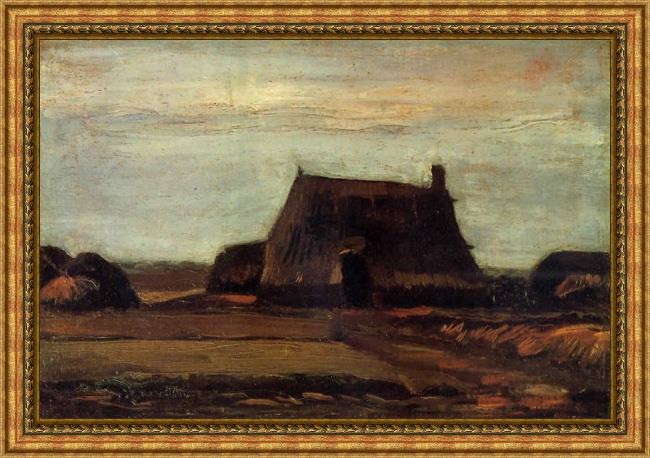 Framed Vincent van Gogh farmhouse with peat stacks painting