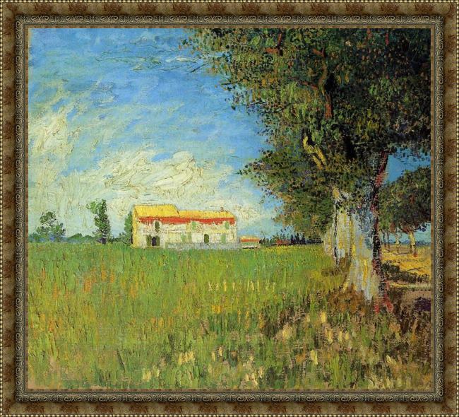 Framed Vincent van Gogh farmhouses in a wheat field painting
