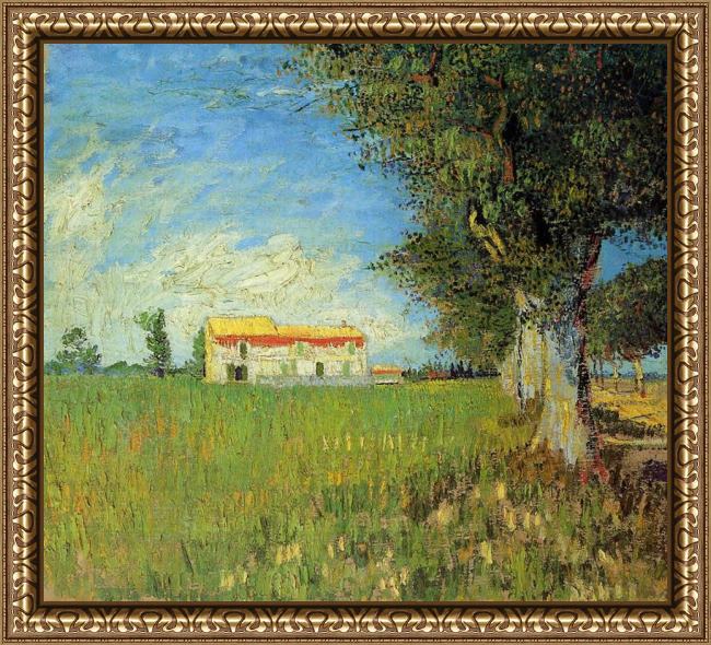 Framed Vincent van Gogh farmhouses in a wheat field painting