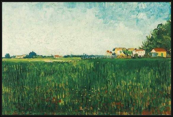 Framed Vincent van Gogh farmhouses in a wheat field near arles painting