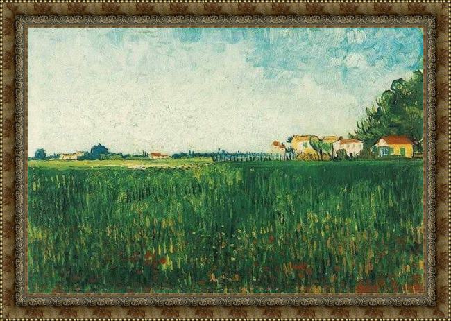 Framed Vincent van Gogh farmhouses in a wheat field near arles painting