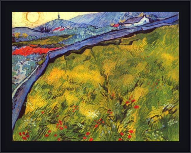 Framed Vincent van Gogh field of spring wheat at sunrise painting
