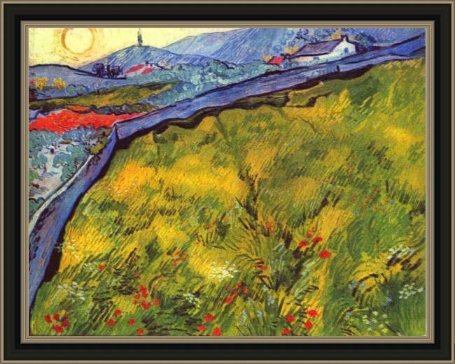 Framed Vincent van Gogh field of spring wheat at sunrise painting