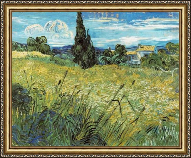 Framed Vincent van Gogh green wheat field with cypress painting