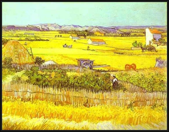 Framed Vincent van Gogh harvest landscape painting