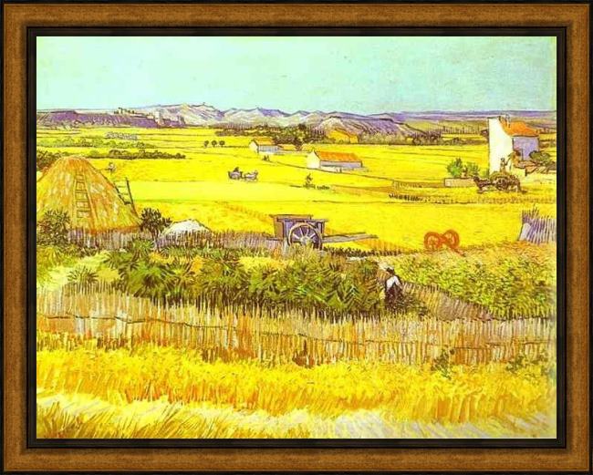 Framed Vincent van Gogh harvest landscape painting