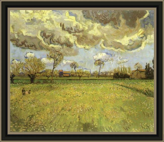 Framed Vincent van Gogh landscape under stormy skies painting