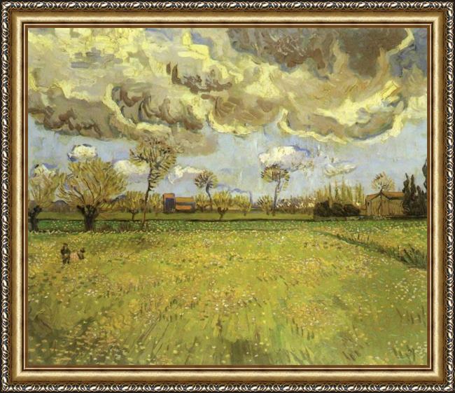 Framed Vincent van Gogh landscape under stormy skies painting