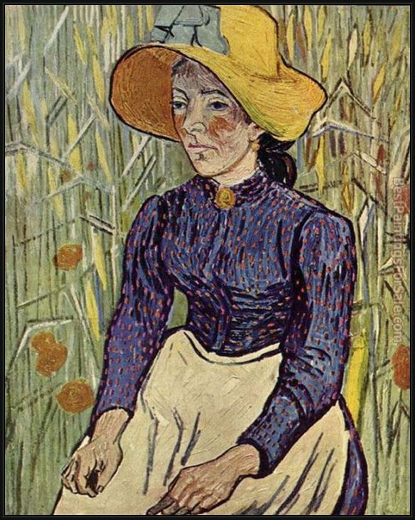 Framed Vincent van Gogh peasant woman against a background of wheat painting