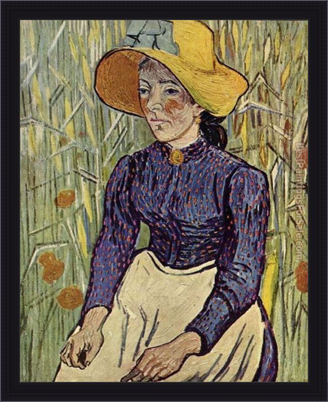 Framed Vincent van Gogh peasant woman against a background of wheat painting
