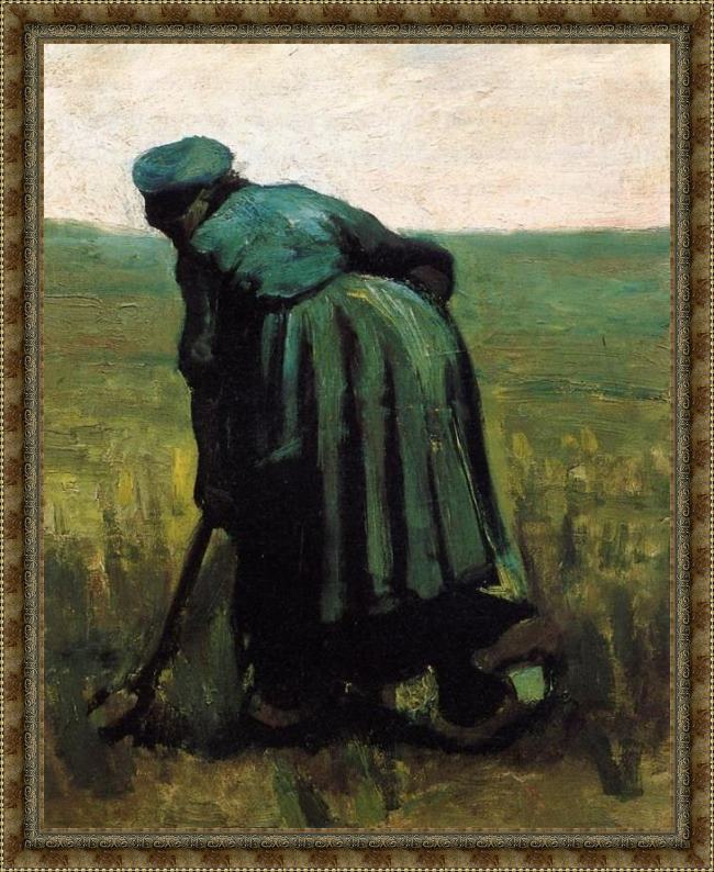 Framed Vincent van Gogh peasant woman digging painting