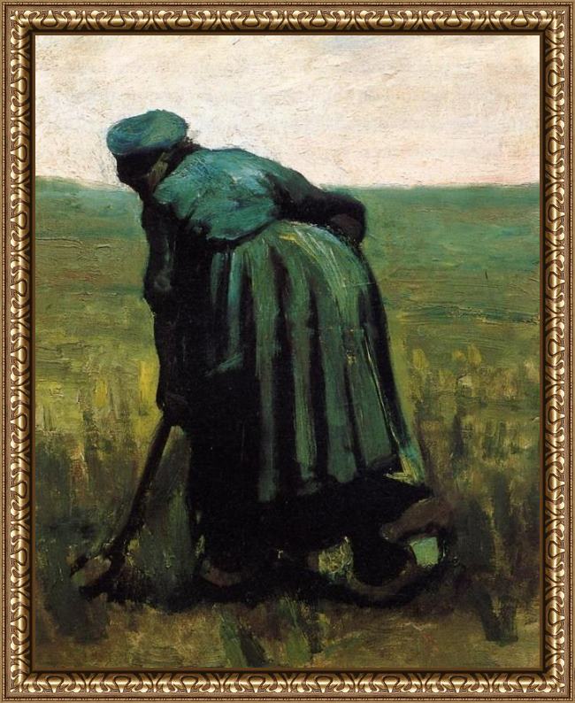Framed Vincent van Gogh peasant woman digging painting