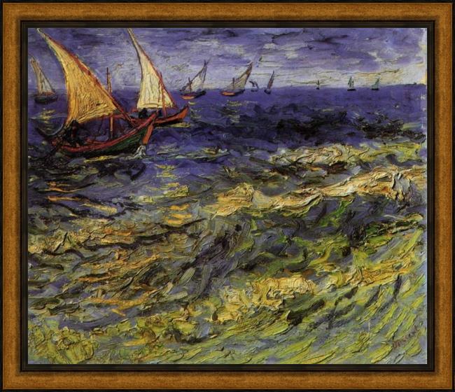 Framed Vincent van Gogh seascape at saintes maries 2 painting