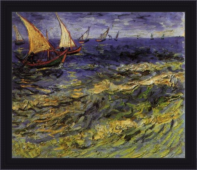 Framed Vincent van Gogh seascape at saintes maries 2 painting