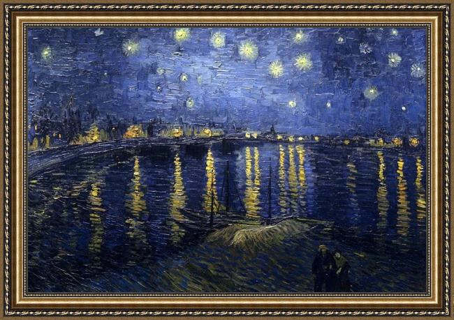 Framed Vincent van Gogh starry night over the rhone painting
