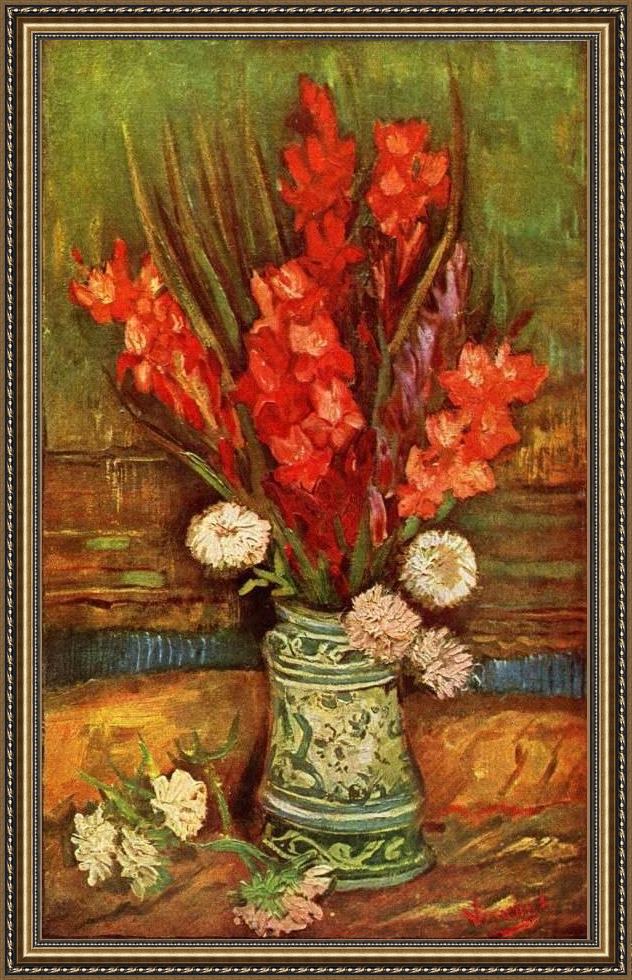 Framed Vincent van Gogh still life with red gladioli painting