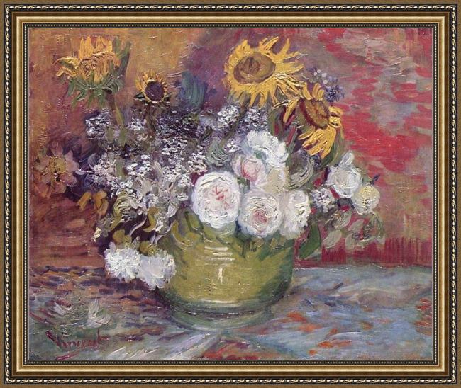 Framed Vincent van Gogh still life with roses and sunflowers painting