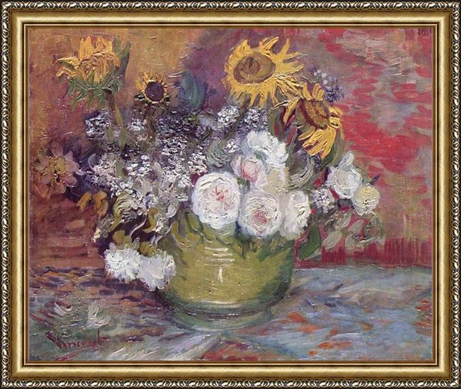 Framed Vincent van Gogh still life with roses and sunflowers painting