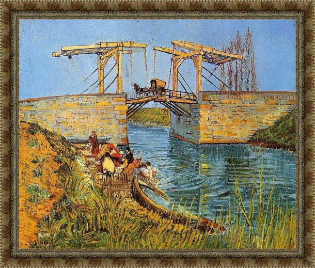 Framed Vincent van Gogh the langlois bridge at arles with women washing painting