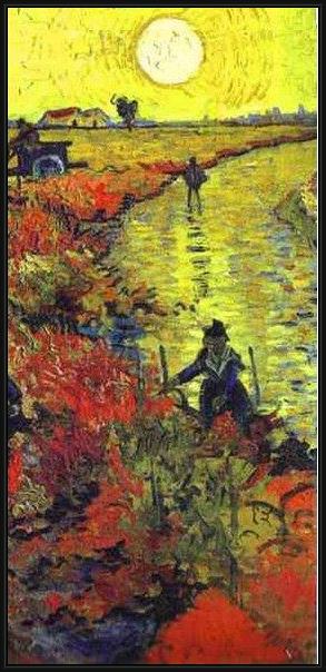Framed Vincent van Gogh the red vineyard at arles detail painting