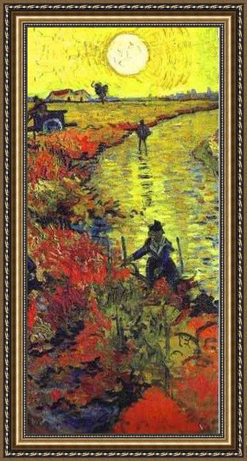 Framed Vincent van Gogh the red vineyard at arles detail painting