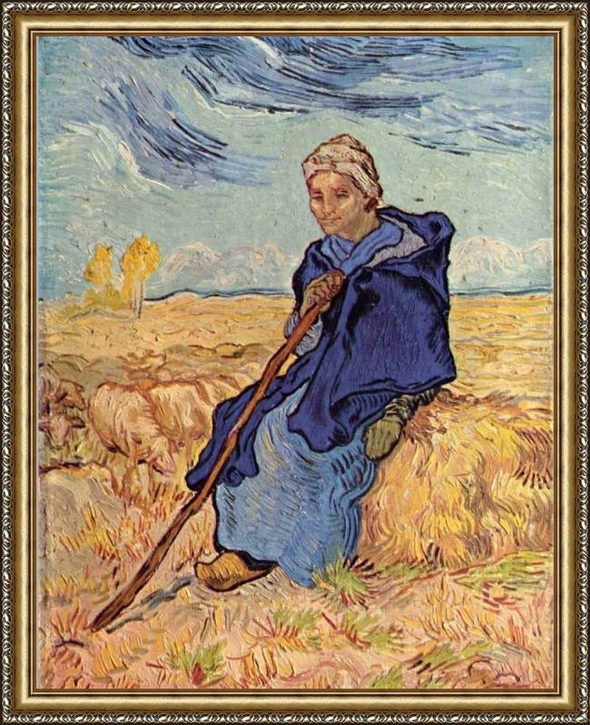 Framed Vincent van Gogh the shepherdess painting
