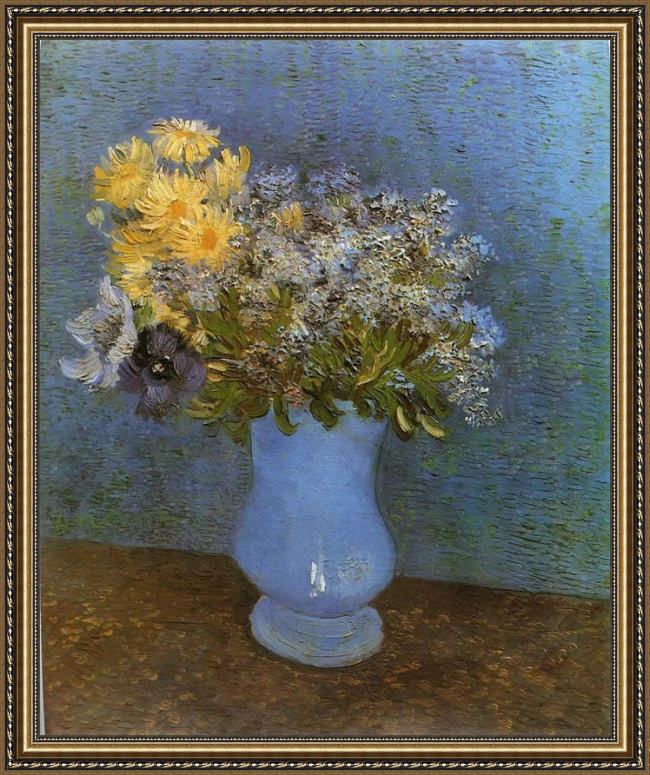 Framed Vincent van Gogh vase with lilacs daisies and anemomes painting