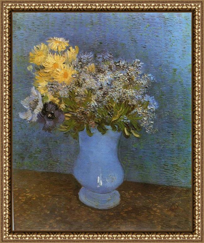 Framed Vincent van Gogh vase with lilacs daisies and anemomes painting
